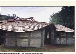 Roof covered with redwood shakes, Louie and Rufus framing the skylight