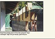 Bond beam being poured. Note how plywood "large clothespin" slips over previously poured layers.