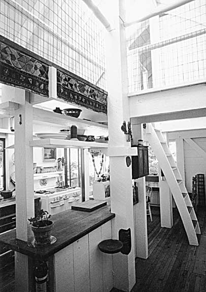 Kitchen is on left, with ladder to sleeping lofts at right.